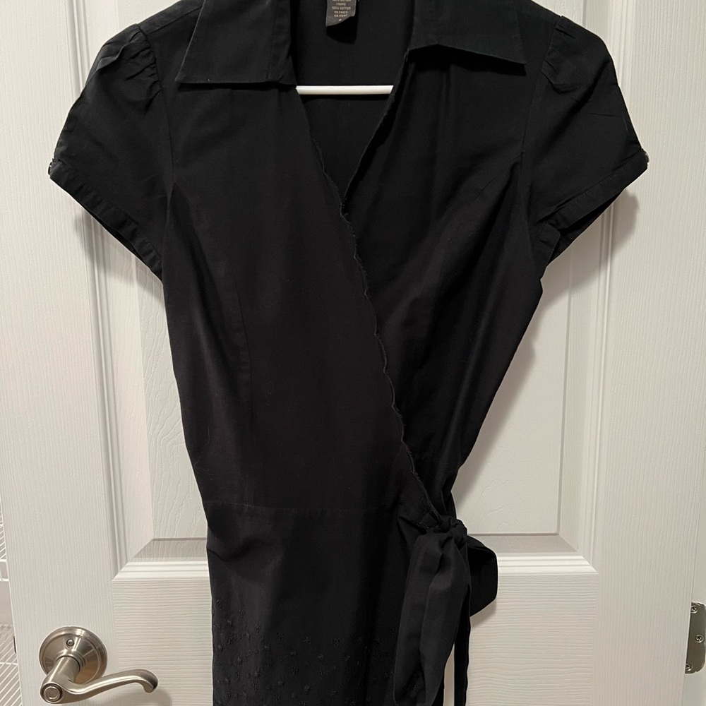 Banana Republic Black Wrap Blouse with Notched Collar and Cap Sleeves